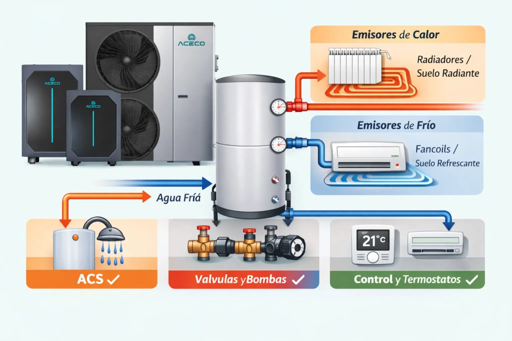 esquema aerotermia con deposito de inercia